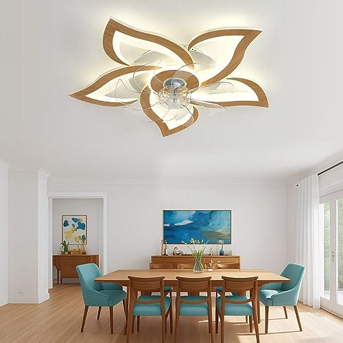 Flor Ventilador De Techo con Luz Y Mando A Distancia Salon Regulable Plafon Led Ventilador DC Motor Reversible 6 Velocidades Lampara Ventilador Techo Diseño-Wood Grain