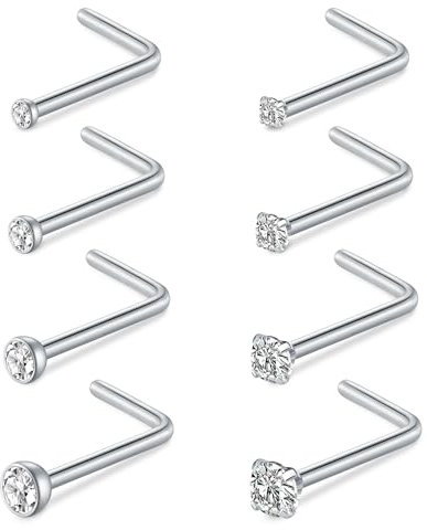 NIUSIMAN 18G Edelstahl Nasenpiercing,8 Stück Nasenpiercing Ring Stecker Silber L förmigen Kristall Nasenpiercing Set kleine Kristall Nase Piercing Kit Labret Piercins Bars Set Frauen Männer