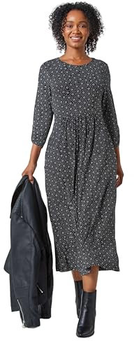 Roman Originals Midi Dress with Pockets for Women UK Ladies Stretchy Jersey Maxi Long 3/4 Length Sleeve Gathered High Waist Boho Flattering Skater Swing Fit Flare - Black & White - Size 8