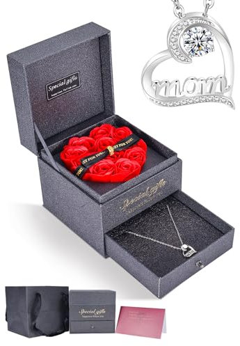 IMMORROSA Rose Eterne con Collana Mom, Creativo Regalo, Scatola Rosa Conservata con Collana, Regalo Rose con Confezione per Mamma, Regalo Festa della Mamma, Compleanno, Natale, Anniversario