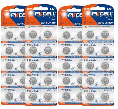 PKCELL LR1130 AG10 Pilas de botón alcalino para Libros de Sonido,Reloj,Juguetes,40 Unidades
