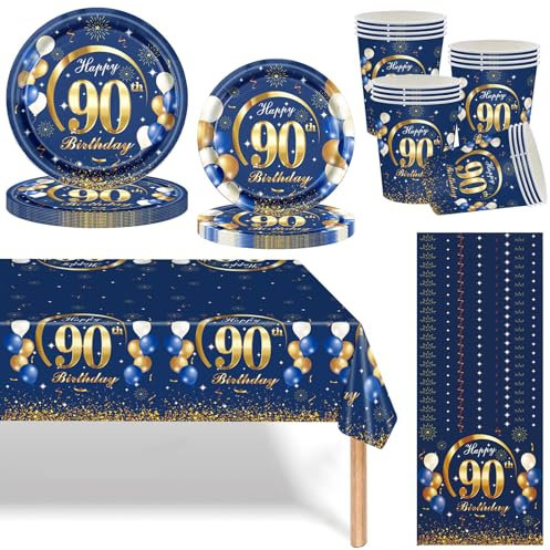Navy Blau Gold 90 Geburtstag Partygeschirr Set,69 Stück 90.Geburtstag Männer Frauen Blau Gold Deko Pappteller Becher, Servietten und Tischdecke Set,Tischdeko für 90.Geburtstagsdeko Partys 16 Gäste