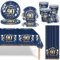 Navy Blue Gold 90th Birthday Party Tableware Set,69pcs 90th Birthday Dinnerware Navy Blue Party Paper Plates Cups Napkins and Tablecloth for Women Men 90 Years Old Birthday Gifts Party Supplies