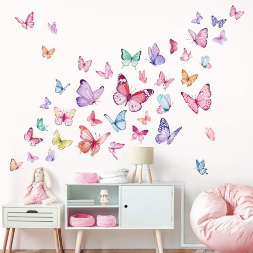 wondever Adesivi Murali Farfalle Colorate Sticker da Muro Acquerello Farfalla Rosa Ragazze Adesivi da Parete per Camere Ragazze Asilo Nido Camerette Bambini
