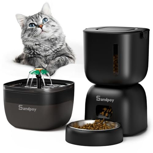 Sandpoy Automatic Cat Feeder and Water Dispenser, 3L Cat Food Dispenser with Locking Lid, Two-in-One Set Timed Cat Feeder for Cats and Puppies, Pet Feeder with Portion Control, 4 Daily Meals (Black)