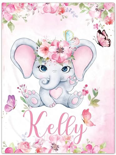 Jodimitty Personalisierte Babydecke mit Namen Elefant Rosa Flanell Fleece Tiermuster Wurfdecke Baby Decke für Bett Sofa Reise Nickerchen, 100/120/150/200cm