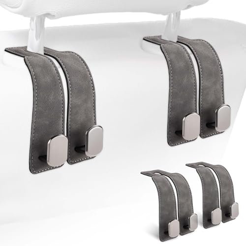 PEUTIER 4pcs Headrest Hooks for Car, Gray Car Seat Storage Hooks Universal Fit Purse Hook Bag Hanger Double Car Seat Headrest Hooks Leather for Car Accessories Item Organizers Essentials