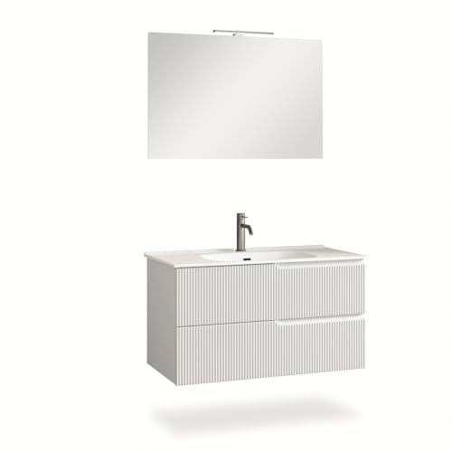 AQA DESIGN Composizione Bagno Sospesa 4 Pezzi VENERE Bianco Opaco - Mobile Lavabo Ceramica, Specchio LED, Cassetti Soft Close - Made in Italy 101x46,5x190