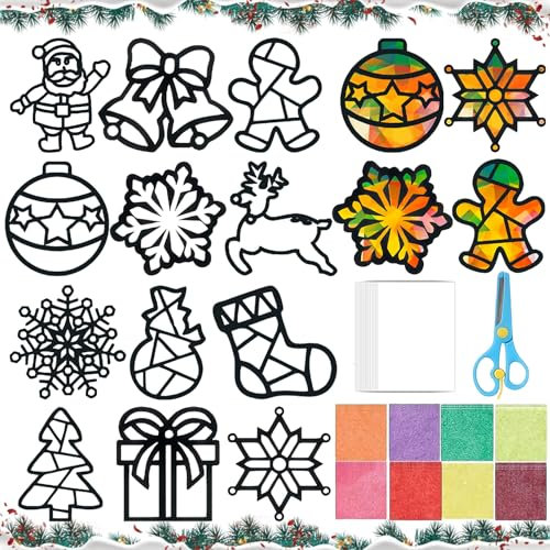 Auzlya 12 Stück Weihnachten Basteln Kinder, Bastelset für Fenster, Buntglas, Fensterbilder - Buntes Bastelset, Weihnachten Bastel Idee