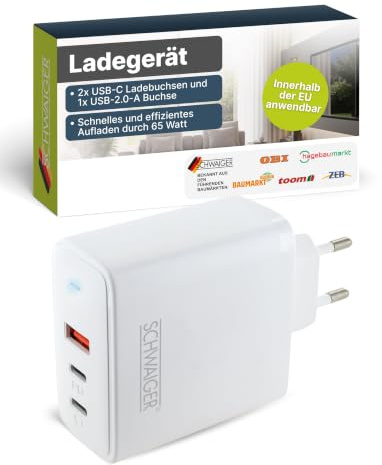 SCHWAIGER LADC2165 Schnell-Ladeadapter 65W USB-C & USB-A Ladegerät Netzteil mit Eurostecker Status LED kompatibel mit iPhone, Samsung, MacBook, Laptop, Tablet & Smartphone