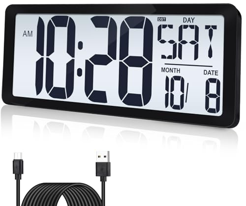 QINYUNE 15 Inch Large Rechargeable Digital LCD Wall Clock with Backlight | Glow in the Dark,Night Light Wall Clock with Week,Date & Temp,DST,Alarm Display for Living Room, Bedroom, Gift for Elderly