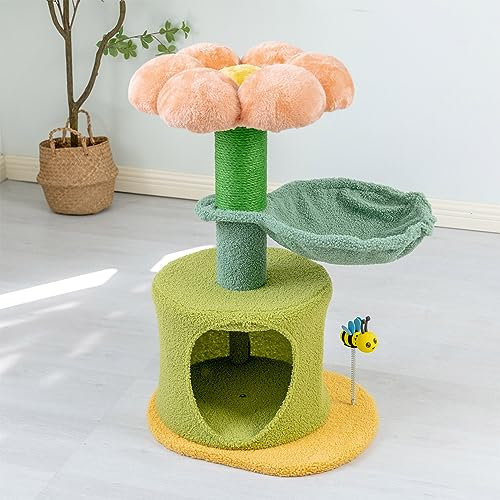 Cat House The Flowers Shaped Cat Tree for indoor Cats with Large Condo, Cat Scratching Tower with Large Hammock& Perch 70cm Green