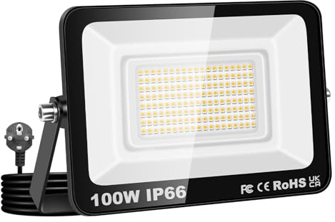 Willpower Foco LED Exterior Interior Proyector LED 100W 10,000LM Focos de Luz 3000K Blanco Cálido IP66 Luz de Inundación Iluminación para Garaje Patio Jardín Terraza Parque Trabajo, con Enchufe