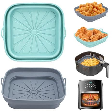Alyvisun Moldes Silicona Freidora de Aire, 2 Piezas Bandeja Accesorios para Freidora sin Aceite Reutilizable Recipientes Cuadrado Cesta Utensilios para Air Fryer, Microondas, Horno (Azul Claro+Gris)