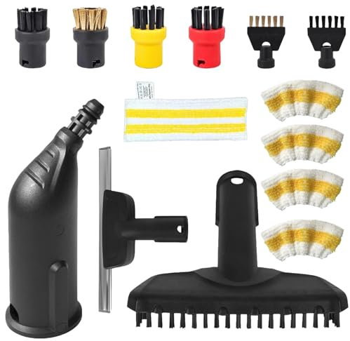 Lot de 14 accessoires pour nettoyeur vapeur Kärcher SC1 SC2 SC3 SC4 SC5 SC7, 4 brosses rondes, 2 brosses à joints, buse courbée, brosse à vapeur manuelle, raclette de fenêtre, chiffon en microfibre