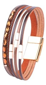 VANSZA Armband Wickelarmband für Frauen Boho Lederarmband Mehrschichtige Leder Armbänder Glücksarmband Magnetverschluss Surfer Wickelarmband Einfachheit (Braun)