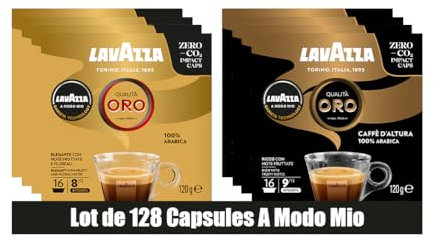 Lavazza, A Modo Mio, Assortiment de Capsules de Café Oro et Oro Altura, 100% Arabica, Intensité 8 et 9, 128 capsules AMM