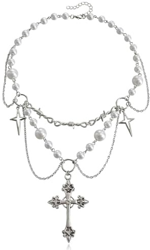 KUMSODE Crystal Cross Pearl Halskette Gothic Choker Kruzifix Anhänger Halskette Silber Perlen Schmuck für Frauen und Mädchen