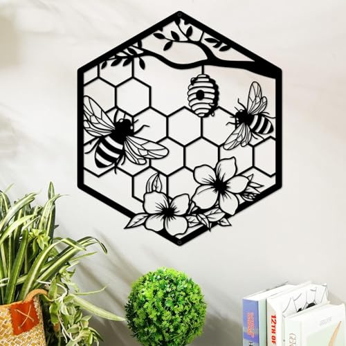 ruelen Metall Biene Wandkunst - Bauernhaus Honigbiene und Bienenstöcke mit Blumen Metall Wanddekoration für Wohnzimmer, Schlafzimmer, Garten, Büro, Zuhause, Geschenk für Gärtner & Imker