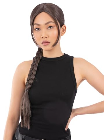 Smiffys 90s Video Game Vixen Plait Wig Long Brown Braided Ponytail Cosplay Fancy Dress Accessory for Action Heroine Costumes