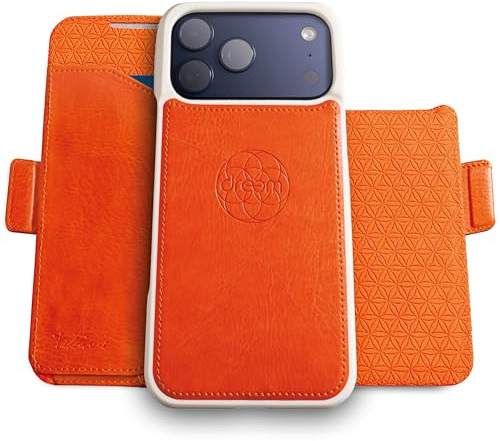 Dreem Lederhülle für iPhone 17 Pro - Revolutionärer Ständer & Kartenfach, Abnehmbare Magnetische Hülle, MagSafe-Ready, RFID-Blocker, Wallet-Case aus Veganes Leder, Geschenkbox [Fibonacci:Orange]