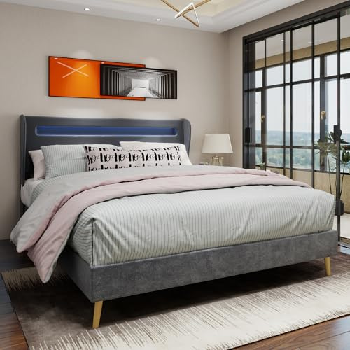 Ligterra Doppelbett Bettrahmen 160x200cm, Minimalistisches Polsterbett, Integriertem LED-Kopfteil, Niedriges Untergestell, Ohne Gasdruckfeder & Ohne Matratze (Grau)