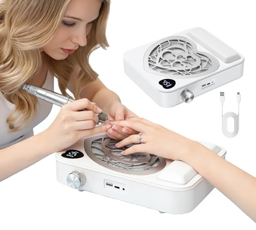 Nail Dust Collector, 4500RPM Professional Nail Dust Extractor with Hand-rest, Reusable Filter, 3 Powerful Suction, Rechargeable 7800mAh Battery for Acrylic Nail Polishing (without Nail Machine)