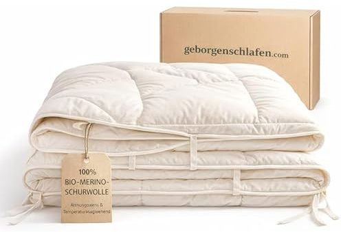 geborgenschlafen.com Natur Bettdecke Schurwolle Ganzjahr, 100% Merino-Schafschurwolle, Baumwollbezug KBA Feinperkal, Atmungsaktiv Klimaregulierend, Steppdecke mit Bändchen, 135x200 cm