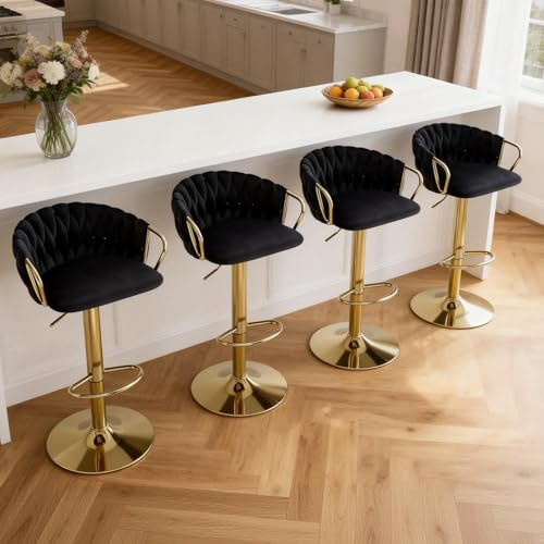 Relbiety Lot de 4 Tabourets de Bar Réglables,Velours Pieds Dorés,Noir | Chaise de Bar à Dossier Tressé Pivotants à 360°, Style Moderne,Pour Cuisine Comptoir Bistrot