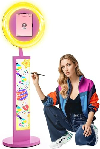 HARZHI Acryl Fotokabine für iPad, Handbemalte Photo Booth Machine, Selfie Fotokabine für Partys/Hochzeiten/YouTube/TikTok, Fernbedienung und Softwaresteuerung, mit ChackTok-App VIP & Flightcase, Rosa