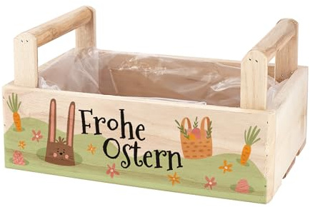 Herz & Heim® Oster Pflanzkorb aus Holz „Frohe Ostern“ – Dekorativer Geschenkkorb & Pflanzkiste – Oster Geschenkbox für Blumen & Osterkörbchen – 3 Varianten (2 Griffe (26 × 13 × 16 cm))