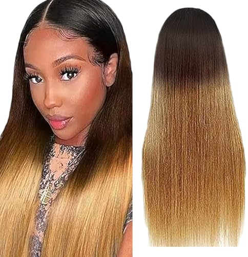 Evaxilc 30 Inch Real Human Hair Echthar Perücke Straight Glueless Wig menschliches Haar 5x5 Lace Front Human Hair Wig Ombre Blonde 150% Density Pre Plucked Natural Hairline Perücken Echthaar Damen