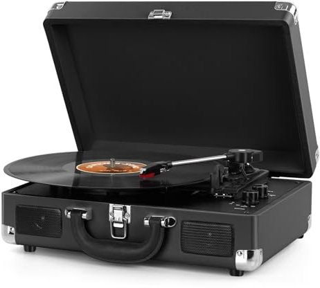 DIGITNOW Giradischi 3 velocità con altoparlanti stereo integrati, supporta uscita USB / RCA / jack per cuffie, MP3, riproduzione musicale, design valigia (nero)