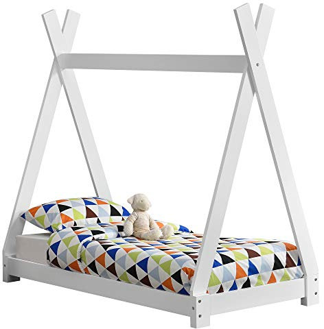 [en.casa] Kinderbett Onejda in Tipi-Design Bodenbett Jugendbett aus Kiefernholz Weiß 70 x 140 cm
