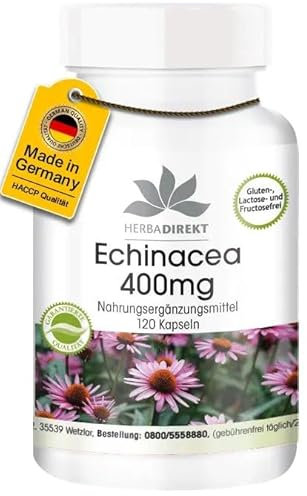 Echinacea 400mg - 120 Kapseln - hochdosiert - vegan | HERBADIREKT by Warnke Vitalstoffe - Deutsche Apothekenqualität