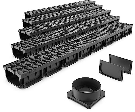 VODALAND EASY 2 - Canaleta de Desagüe de 5 Metros con Rejilla de Plástico Negro | Sistema de Drenaje para Jardines, Aguas Pluviales y Terrazas | Resistente, Fácil de Instalar| Kit Completo Drenaje