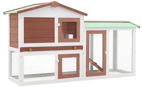 vidaXL Holz Großer Kaninchenstall Hasenstall Kaninchenkäfig Hasenkäfig Kleintierstall Hasenvilla Meerschweinchen Braun Weiß 145x45x84cm