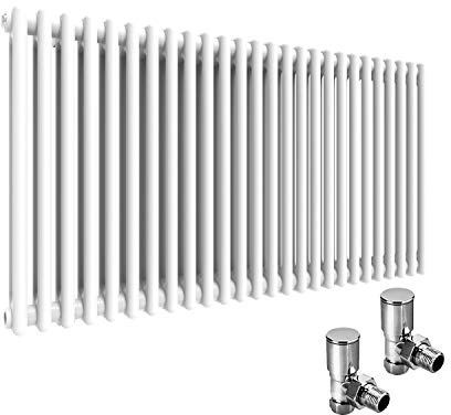ELEGANT Traditional Cast Iron Style 2 Column Horizontal Central Heating Double Bar Colosseum Designer Radiators White 600 x 1164 mm with Valves Chrome