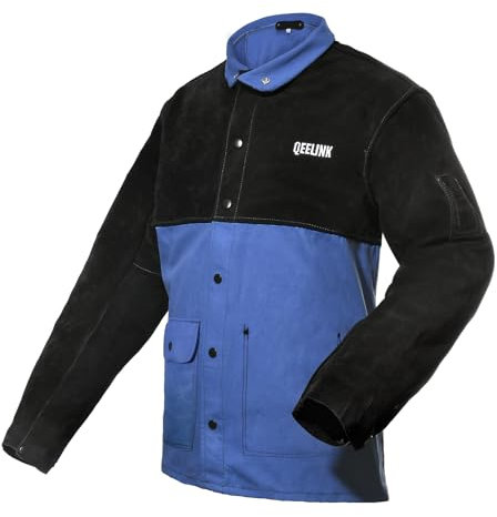 QeeLink Chaqueta de soldador con mangas de cuero partido | Chaqueta para soldar de algodón ignífugo, azul y negro, Mediano