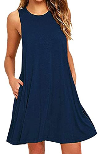 OMZIN Damen Ärmellos Kleider Camisole Minikleider Einfarbig A Linie Sommerkleid Navy Blau XL