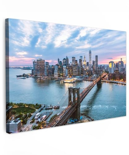 MuchoWow Leinwand Bilder, Einzigartige Wanddeko mit Rahmen, New York - Brooklyn Bridge - Boot, Wandbilder Wohnzimmer, Deko Schlafzimmer 90x60 cm