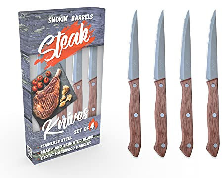 Solance Smokin' Barrels Lot de 4 couteaux à steak avec manche en bois dur exotique