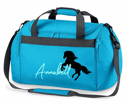Reittasche mit Namensdruck personalisiert | Motiv aufsteigendes Pferd mit Name | Trage- und Sporttasche für Mädchen zum Reiten in vielen Farben verfügbar (türkis)