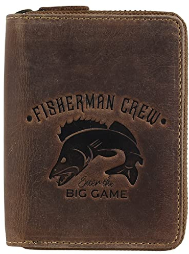 Greenburry Vintage Fisherman Crew Leder Geldbörse Portemonnaie Geldbeutel Portmonee BV-821A-FC-PikePerch Zander Fisch Angler, Farbe:Braun