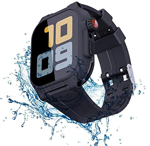 Custodia da 45 mm per Apple iWatch Series 9/8/7 con cinturino in silicone e protezione per lo schermo incorporata, copertura subacquea per tutto il corpo a prova di sporco impermeabile, nera