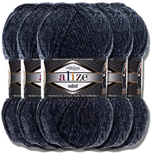 Alize 5 x 100g Superlana Midi Türkische Premium Wolle Baumwolle und Acryl Uni Handstrickgarne | Yarn | Garn | Strickgarn Einfarbig Baby zum Häkeln Stricken Kleidung Schals (Jaspe Navy | 805)