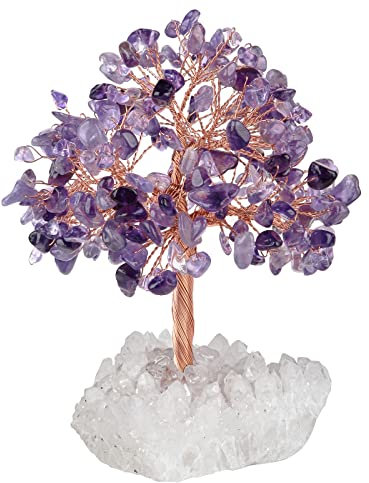 KYEYGWO Amethyst Heilung Kristall Geldbaum auf Natürlichen Bergkristall Druse Rohstein Basis, Feng Shui Bonsai Baum Stein Glückbaum Figur Edelsteinbaum Ornament Haus Decor
