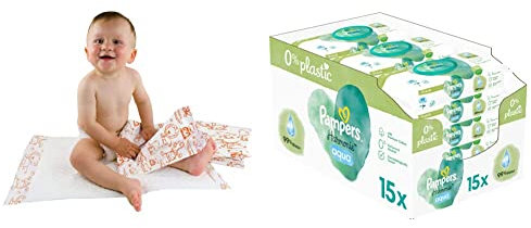 Teqler Baby-Wickelunterlagen: Wickelunterlagen mit verschiedenen Motiven für unterwegs, hygienisch mit Superabsorber 40 x 60 cm (50-er Pack) & Pampers Harmonie Aqua Baby Feuchttücher, 720 Tücher