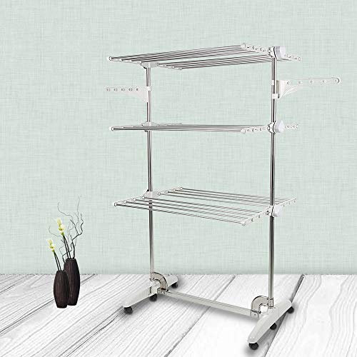 HUOLE Tendedero Eléctrico Plegable con Flujo de Aire,Tendedero Extensible para Interiores y Exteriores, Tendedero Vertical de 3 Alturas,Tres Capas - Plata