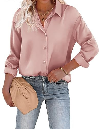 Beyove Damen Bluse Satin Seide V-Ausschnitt Hemden Elegant Langarm Business Oberteile mit Knöpfen Tops Lose Langarmshirt Rosa L
